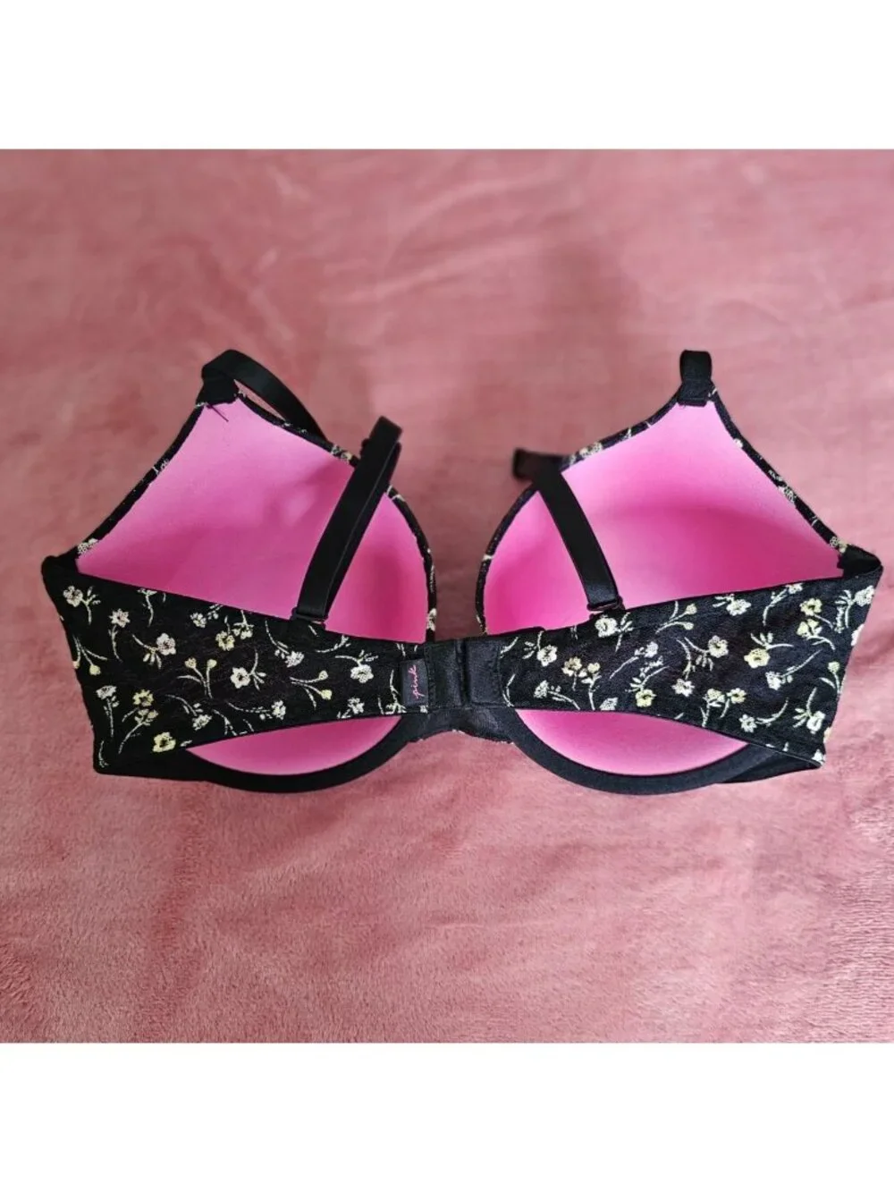Black Floral Lace Victorias Secret Pink 34DD Push-Up Bra W/Adj Straps & Back - Picture 10 of 15